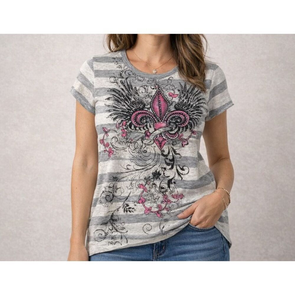 Y2K Graphic Fleur De Lis Rhinestone Tee XL Gray Striped Pink Gothic Scroll Top E